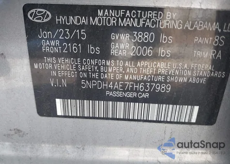 2015 Hyundai Elantra Se z USA, uszkodzony, nr VIN 5NPDH4AE7FH637989